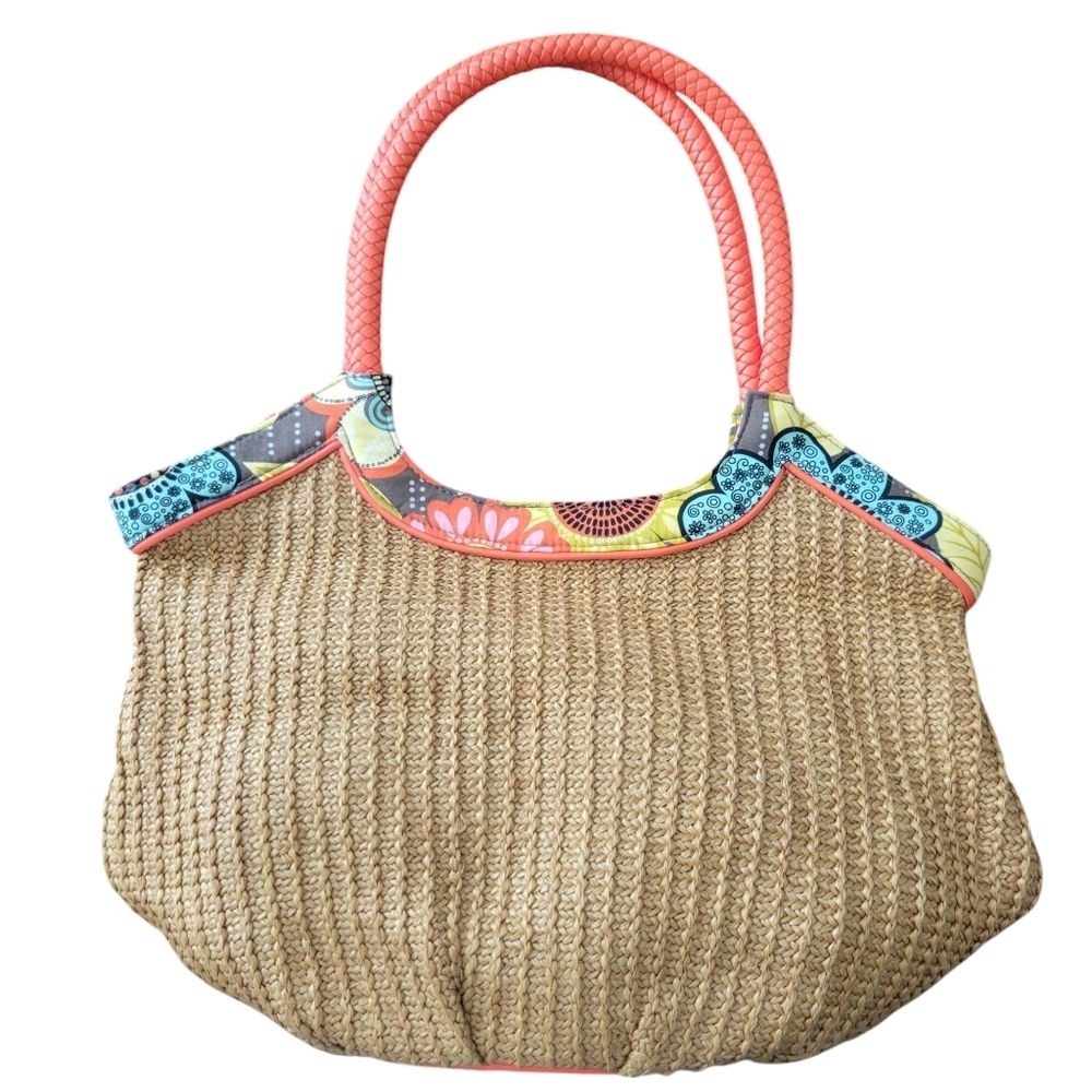 Vera Bradley Flower Shower Rattan Woven Bucket Tote Bag Purse Summer Beach Pool